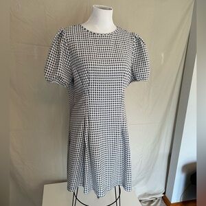 LOFT TALL Gingham Mini Dress black white plaid checked stretch 18T puff sleeves